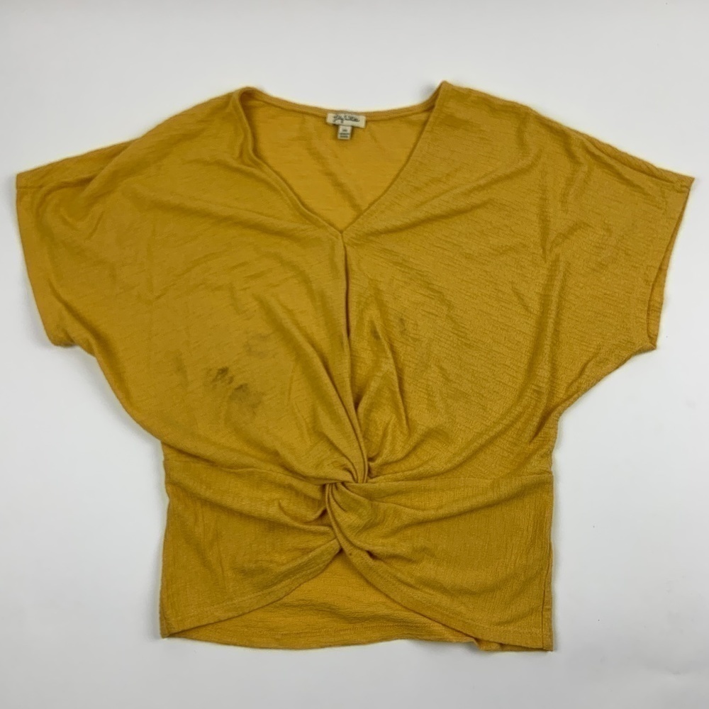 Lily White Blouse Womens XS Short Sleeve V Neck Knotted Front Yellow